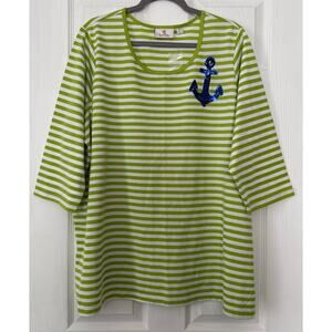 Quacker Factory Women's Striped Anchor Sequin 3/4 Sleeve Top Size 2X